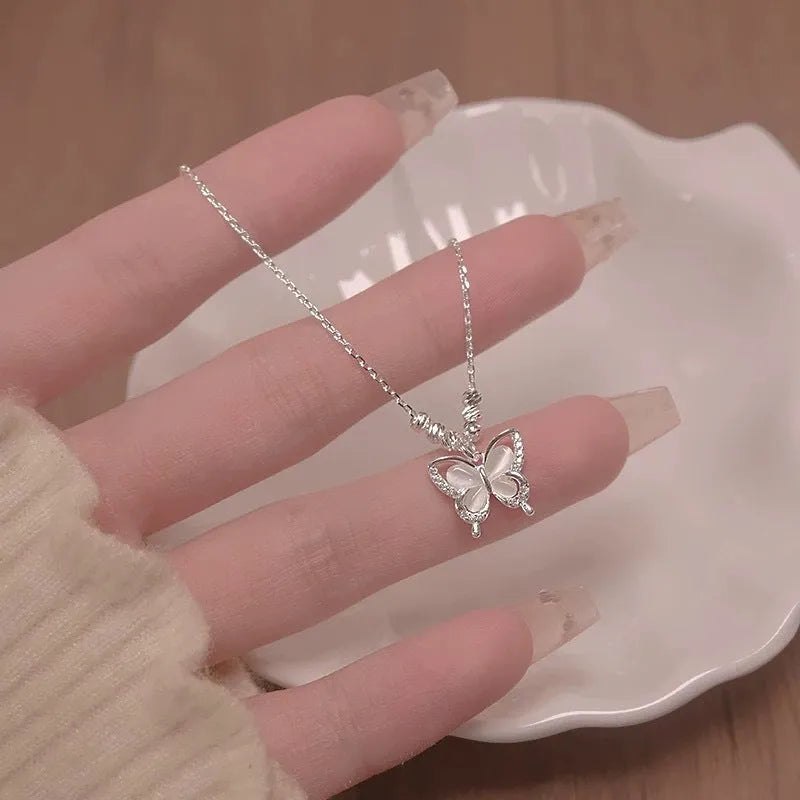 Women's square line opal butterfly necklace with adjustable silver chain and detailed pendant