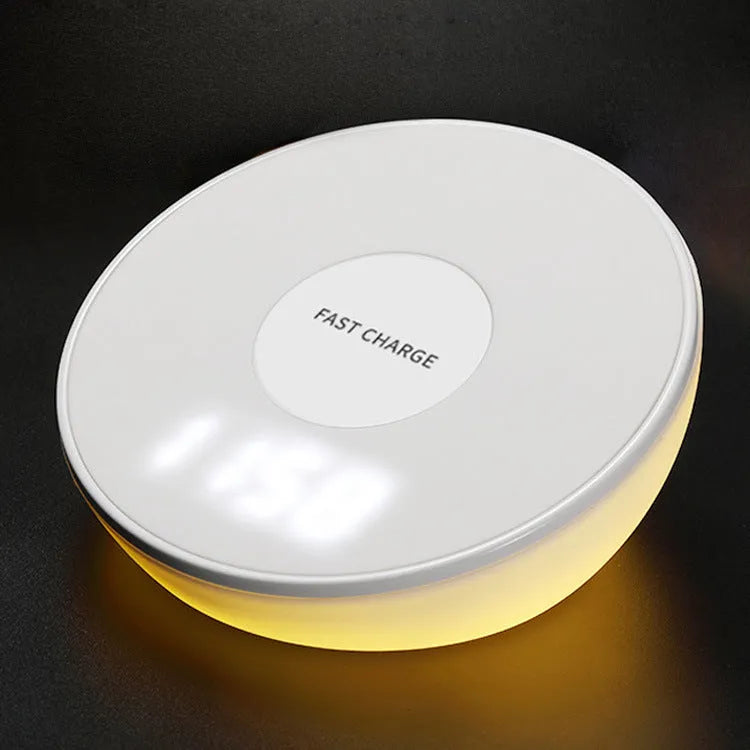 White wireless charger with clock display, 10W fast charging for mobile phones, dimensions 115mm by 24mm by 55mm