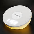 White wireless charger with clock display, 10W fast charging for mobile phones, dimensions 115mm by 24mm by 55mm