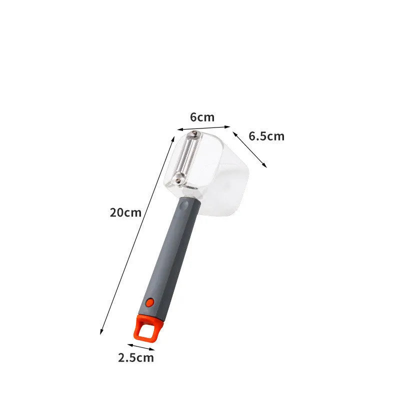 Creative stainless steel kitchen peeler with a coloured PP handle on a white background.