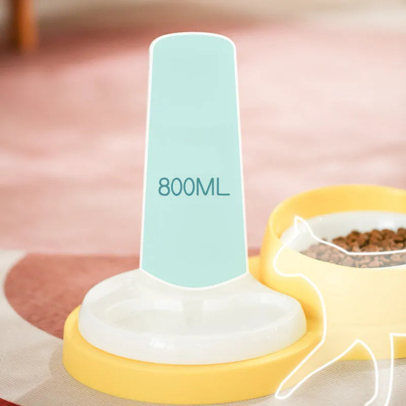 Grey and yellow pet dual feeding bowl with ceramic food dish, stainless steel water bowl, and neck protection collar