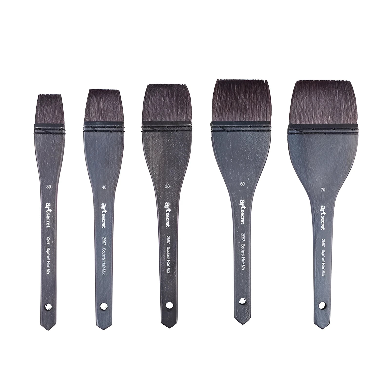 Grey squirrel hair artist brush with wooden handle, shown in five sizes from 30 to 70 number.