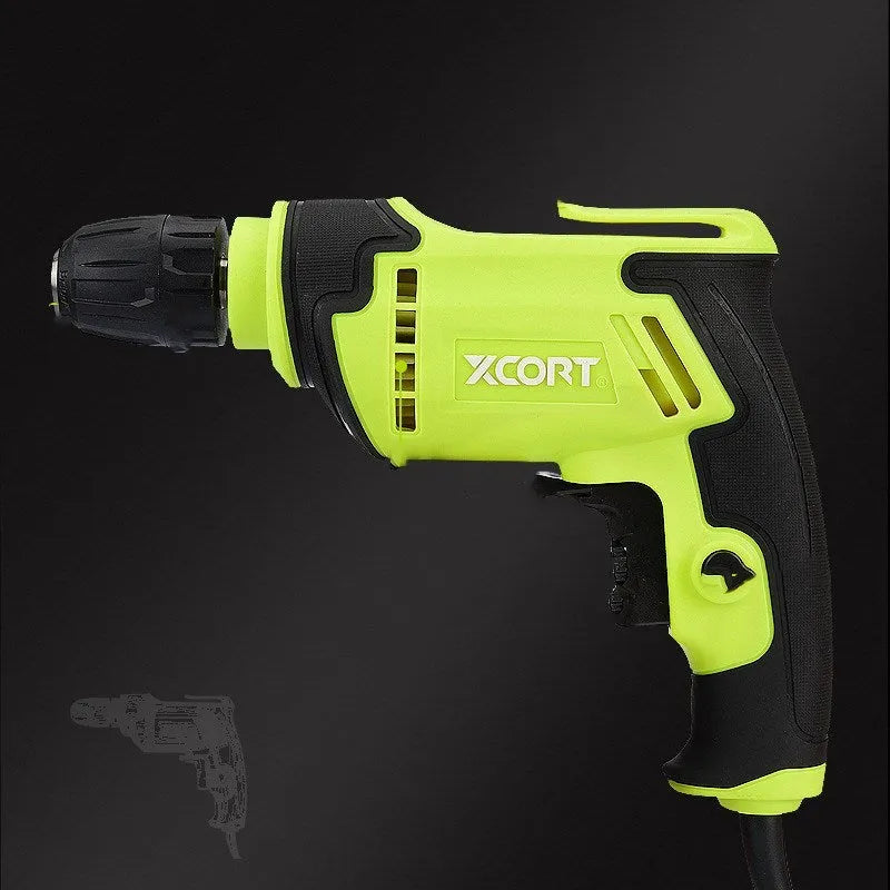 Pistol grip electric drill with 450W motor, 10mm chuck, and dimensions 24x24x7cm for drilling wood, aluminium, and steel