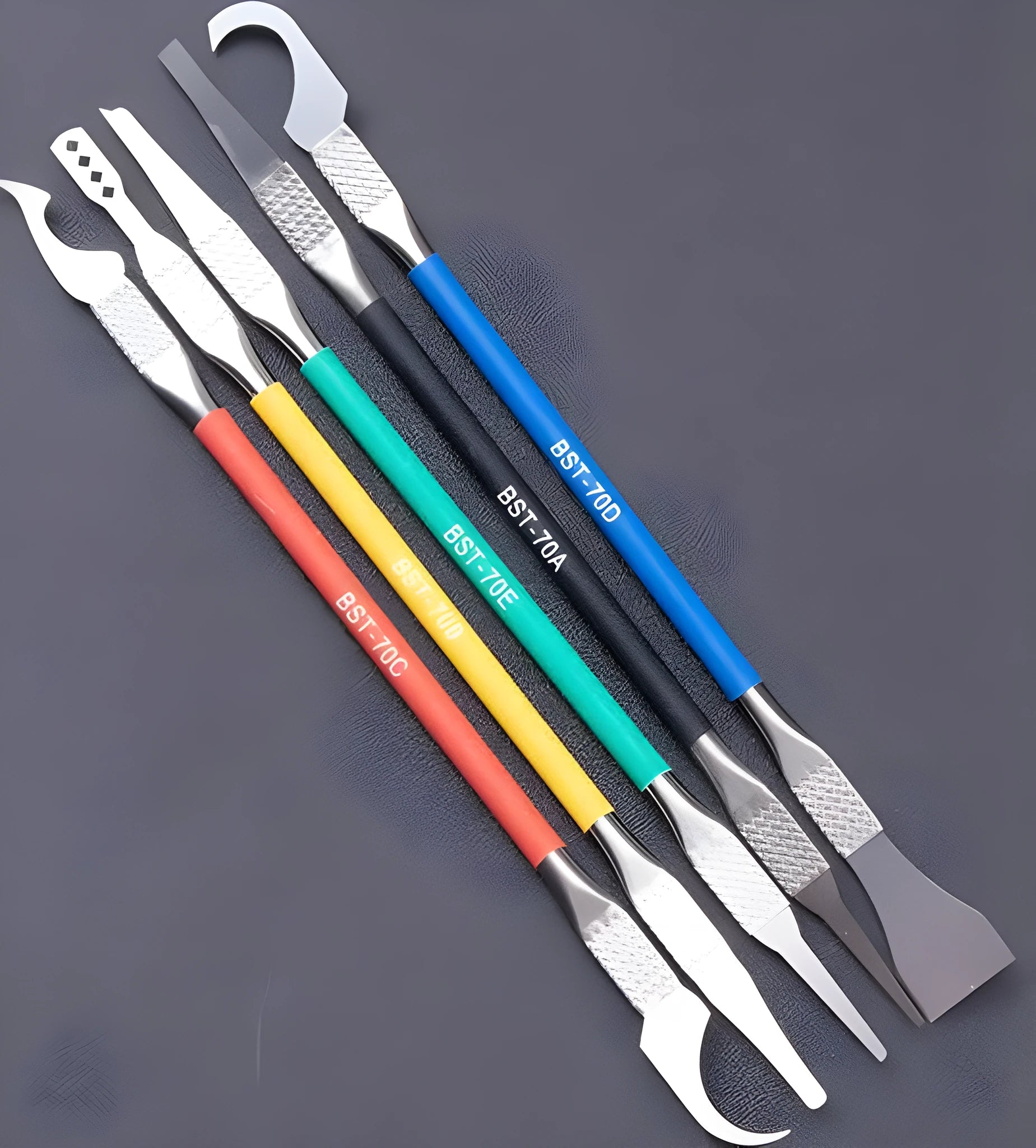 Five piece stainless steel plastic removal tool set with crowbar tool for disassembly work