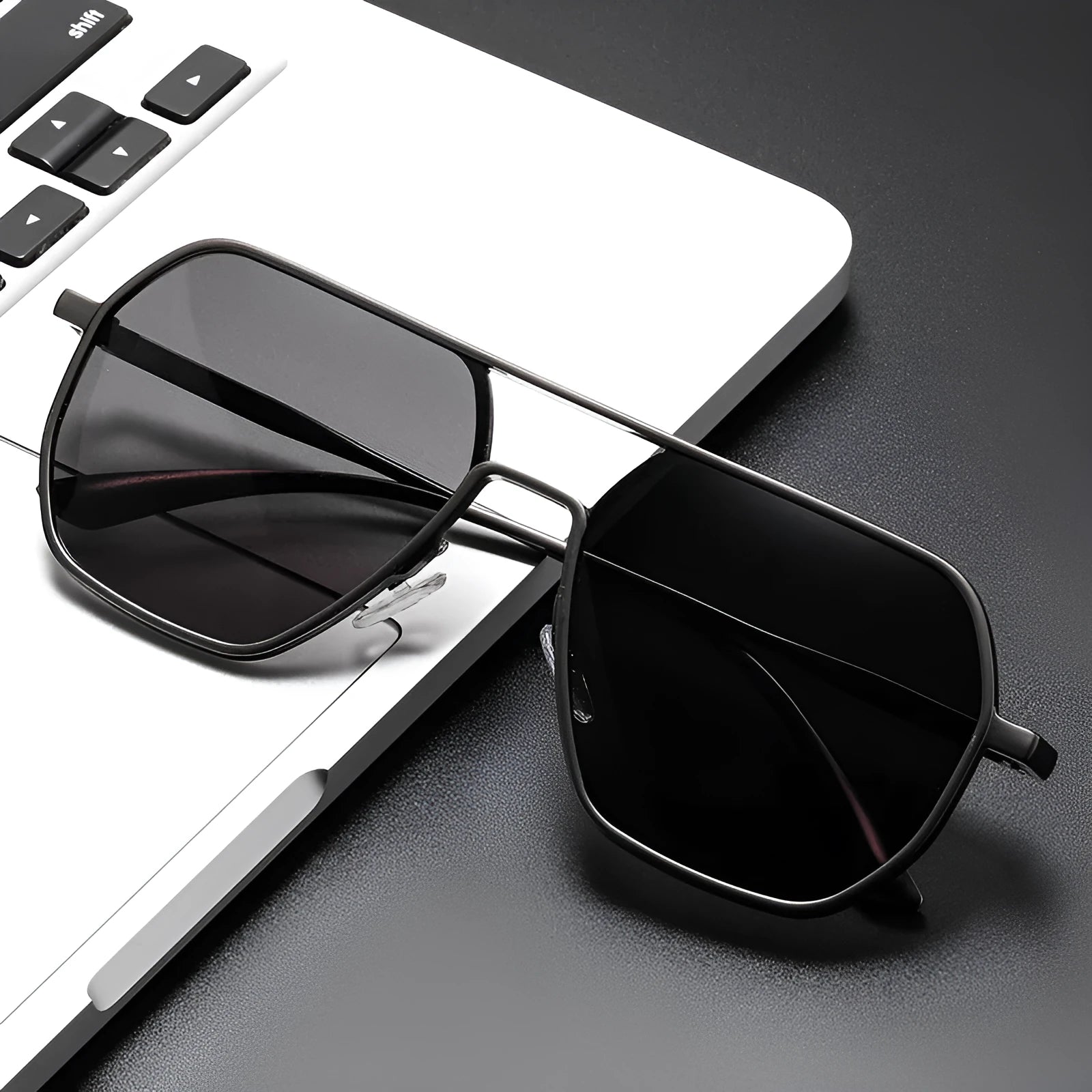Men's irregular polarized sunglasses for driving with black frame and grey lenses