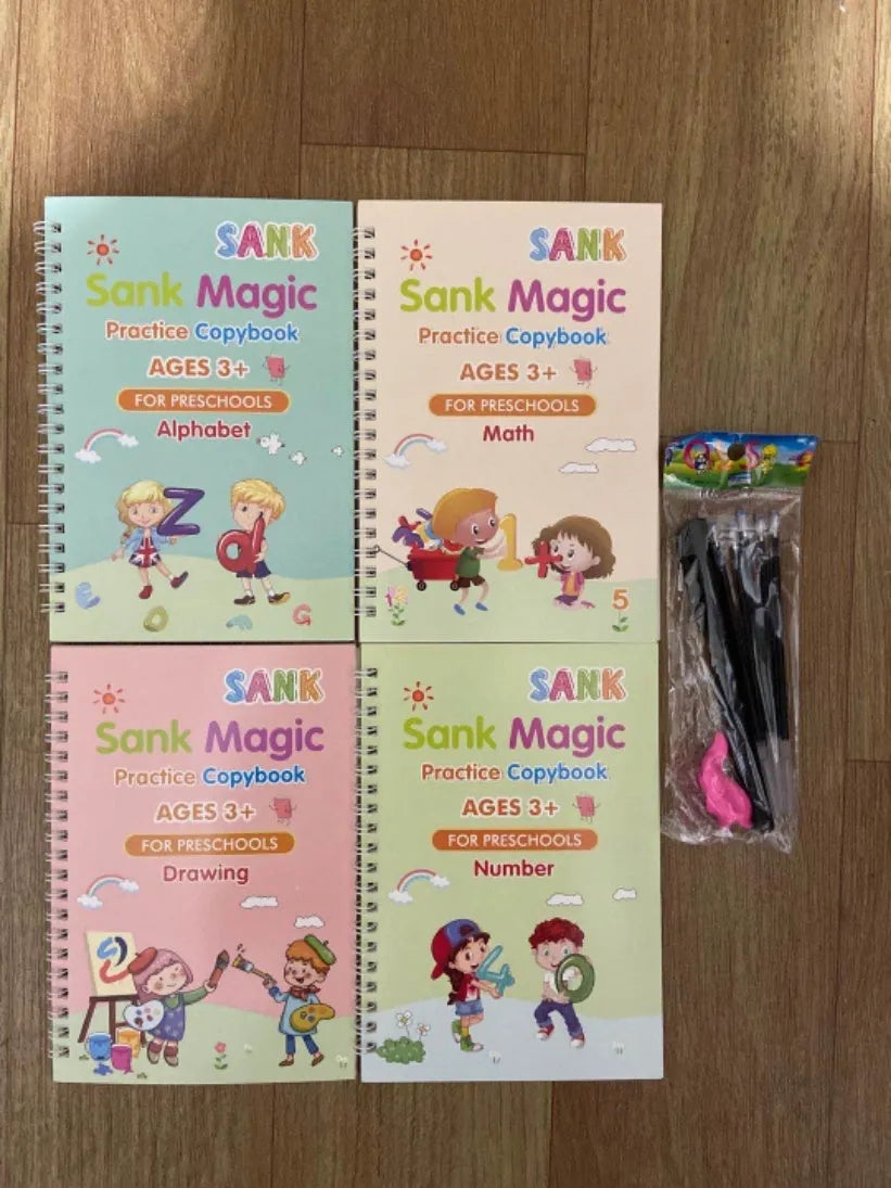 Magic calligraphy copybook set showing four practice books with square slot designs and two stylus pens