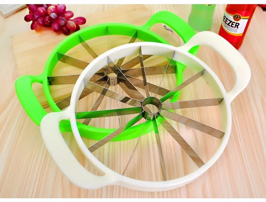 Green plastic and stainless steel melon slicer tool on a kitchen counter.