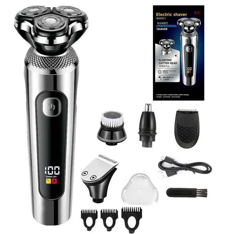 Digital USB rechargeable beard scraper with LED display and washable design on a five-in-one base bracket