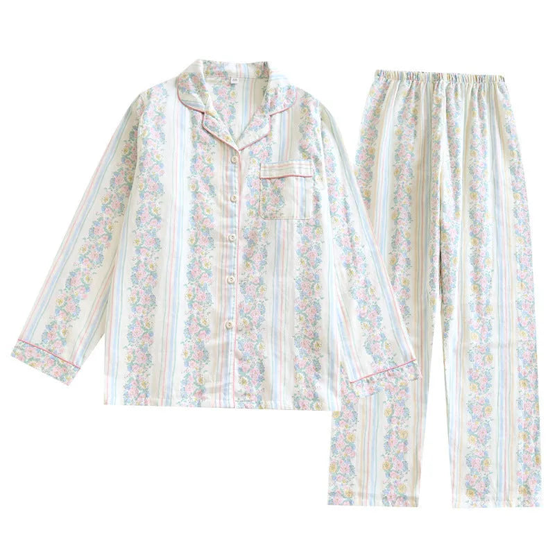 Japanese sweet ladies' homewear cotton double-layer gauze long-sleeved trousers two-piece set in colour stripes pattern