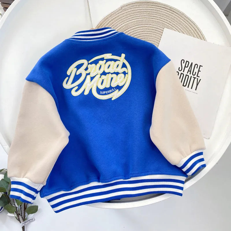 Boys cotton baseball jacket with stand-up collar in blue, black or green, sizes 100cm to 140cm