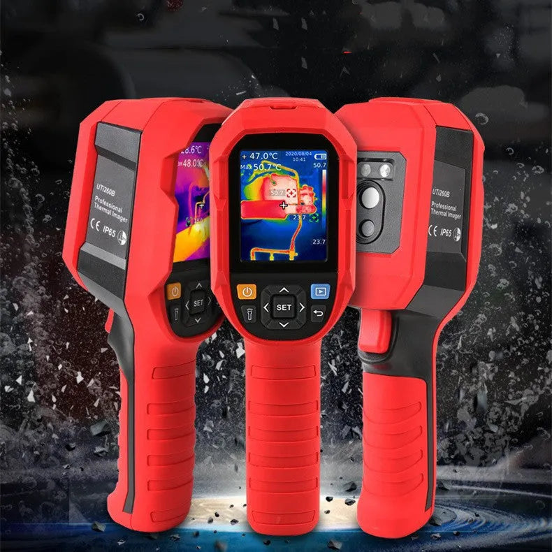 UTi series handheld infrared thermal imager with 2.8-inch display showing thermal pattern, dimensions 236x75.5x86mm