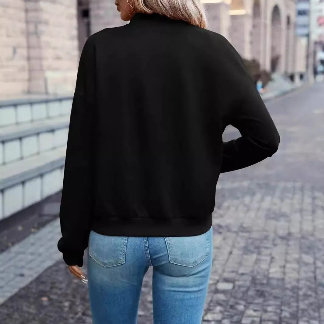 Black polyester zip jacket with long sleeves and faux pockets for women, sized S to XXL.
