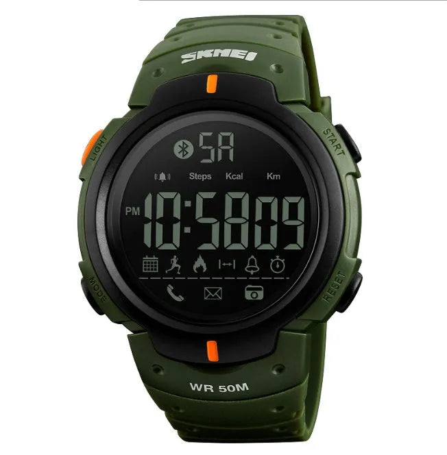 Black and army green Bluetooth smart watch with 50mm dial and stainless steel buckle for iPhone and Android compatibility