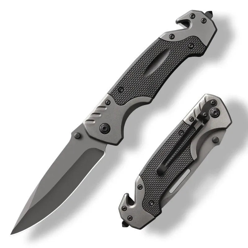 Folding knife with alloy handle and 60-degree blade tip, unfolded to 225mm length