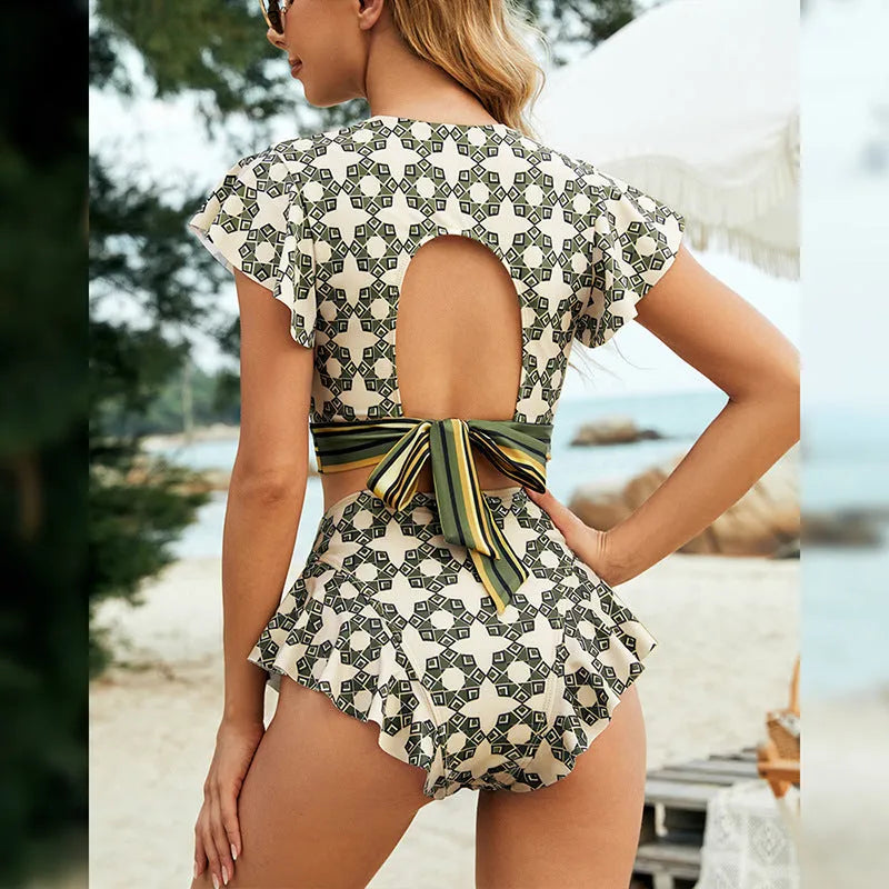 Green women's bikini with flounced backless lace-up V-neck design and split detail