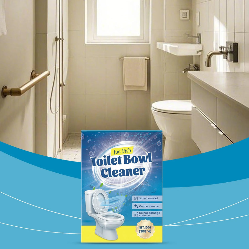 Four 30g sachets of toilet cleaning powder showing ingredients including sodium bicarbonate and citric acid