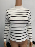White long sleeve turtleneck sweater with sunken stripe pattern, slim fit thick acrylic pullover for women