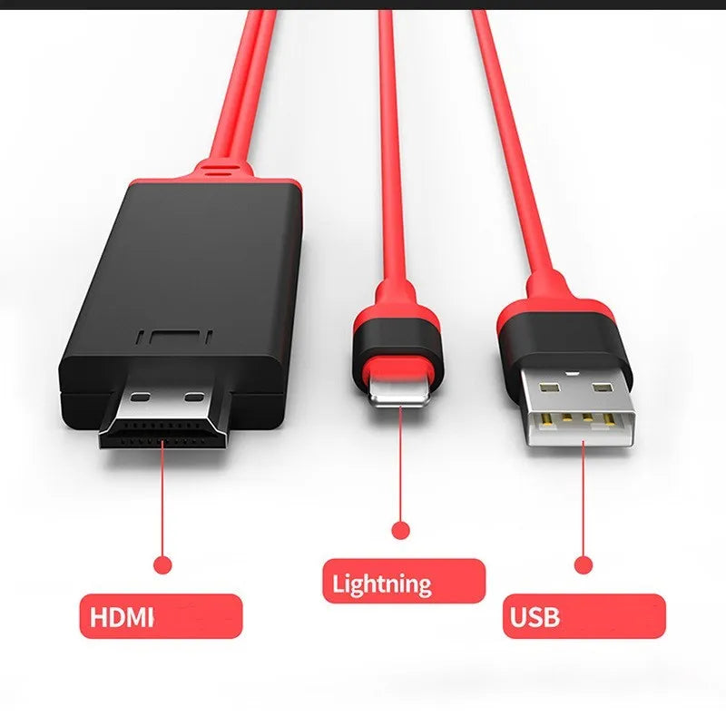 Lightning to HDMI TV adapter cable for iPhone 5 to 11 Pro Max, 1080P HD, black red white.