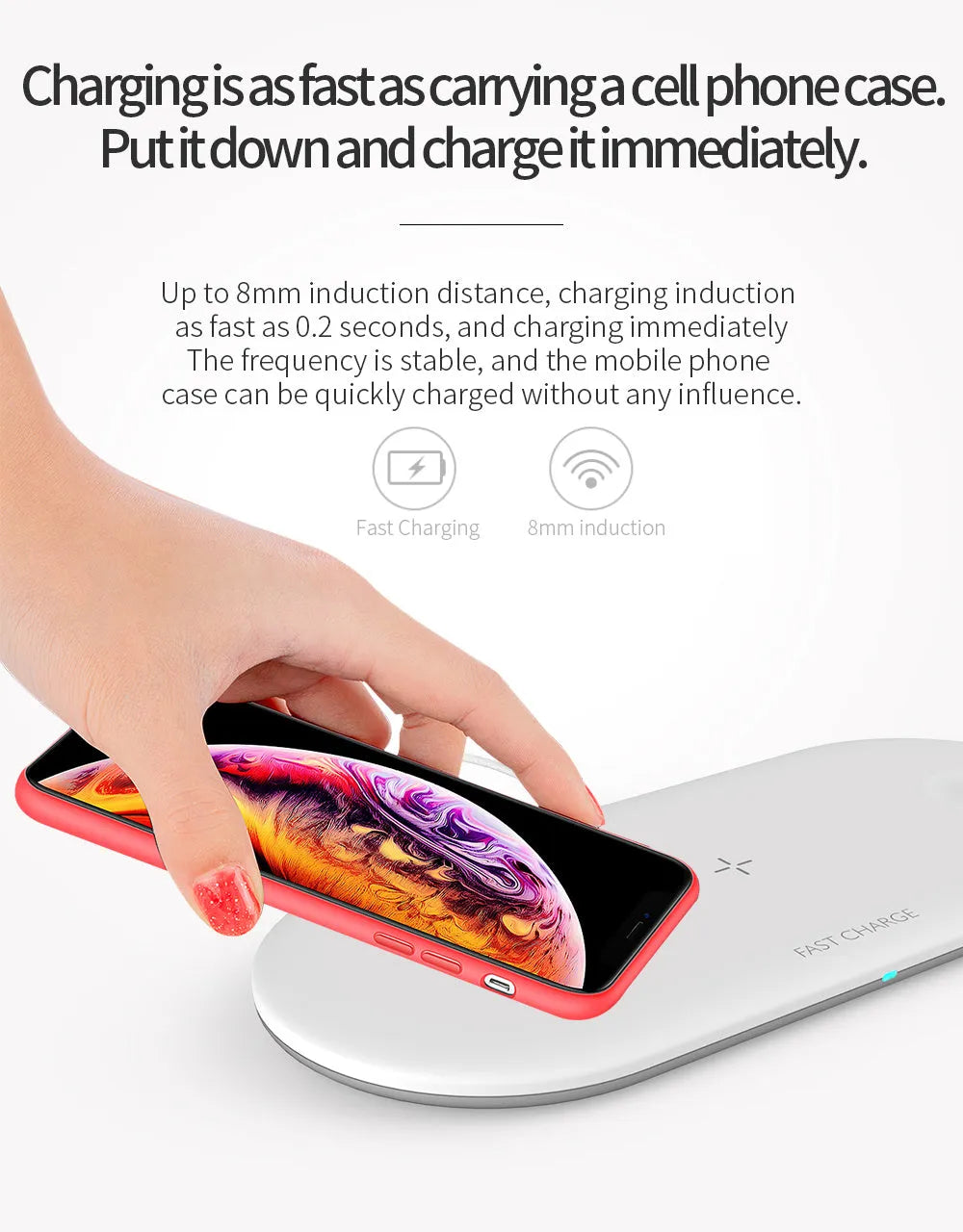 Black wireless charging station with slots for phone, watch, and headphones on a wooden desk