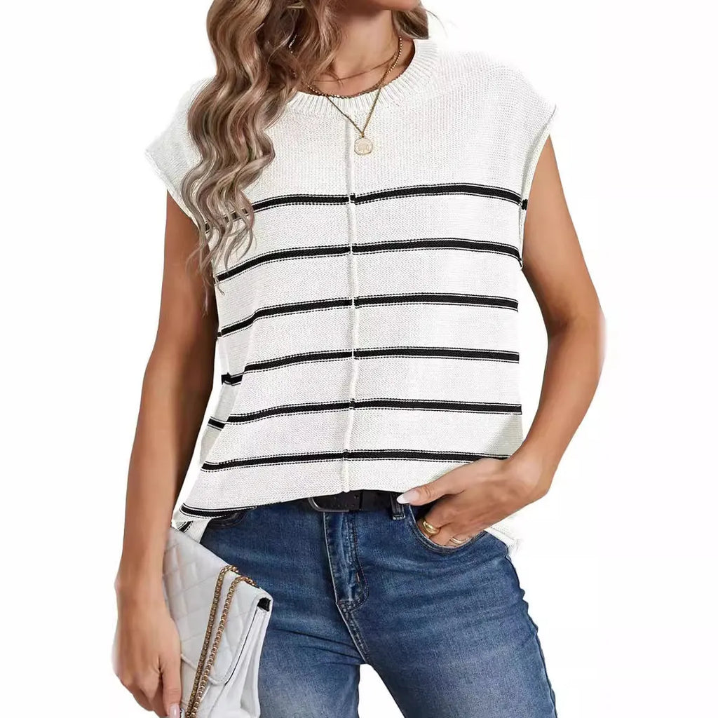 Women's striped sleeveless vest pullover with bone stitching details in multiple colour options