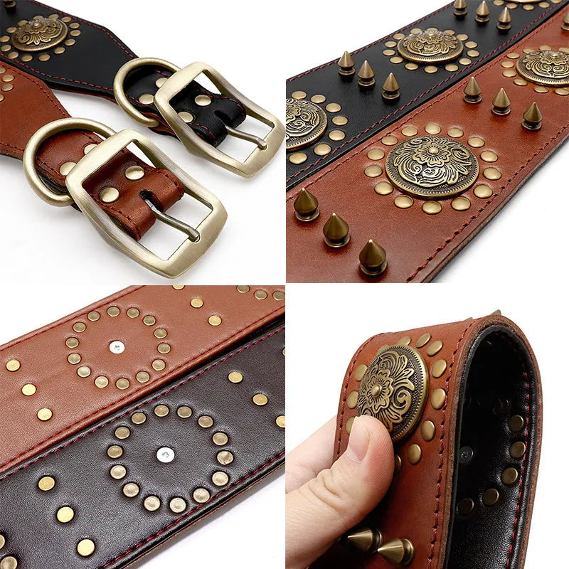 Leather stud dog collar for large dogs, adjustable, brown or black, sizes L and XL