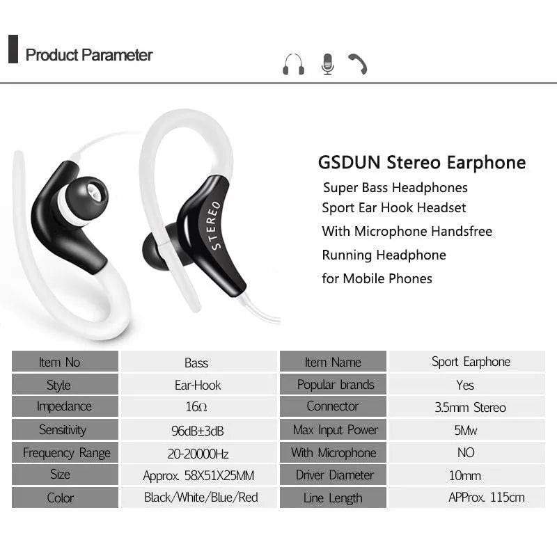 Black wired earhook sport headphones with 3.5mm jack and microphone on cable