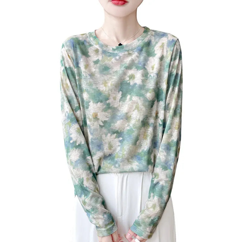 Round neck pullover shirt in Tencel cotton with floral printed design, available in multiple colours and sizes