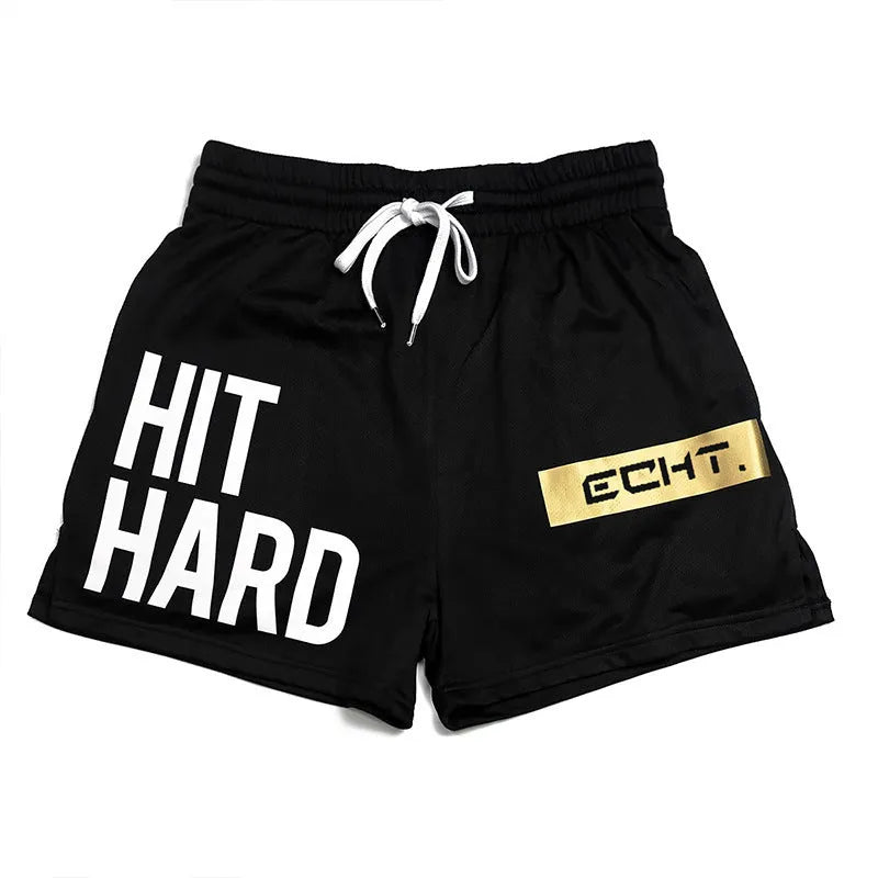 Men's quick-drying sports shorts in black, navy blue, and white, polyester blend, sizes M-3XL, no liner