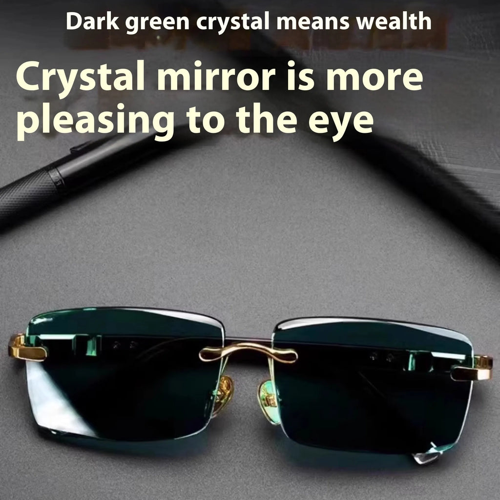 Dark green frameless crystal glasses with protective case and lens cloth for sunshade protection