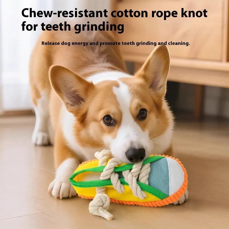 Plastic dog chew toy with bendy design and squeaker in yellow, black, and blue colour options