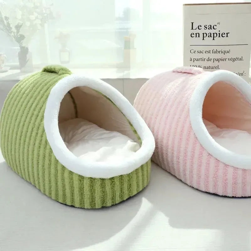 Striped thickened 3D pet bed with hole drilling design and removable sponge in blue, green, pink or yellow