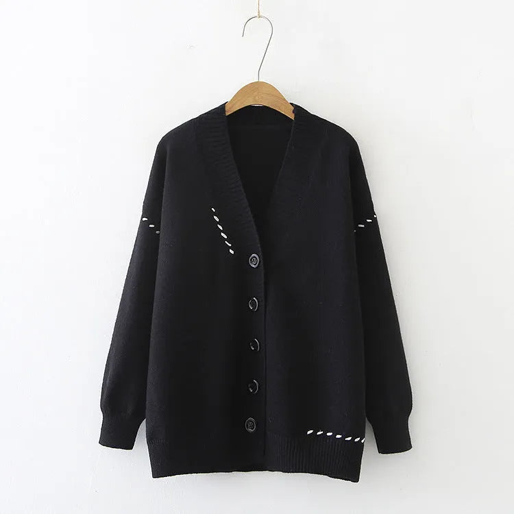 Women's loose fit knitted cardigan top coat in black solid colour with long sleeves