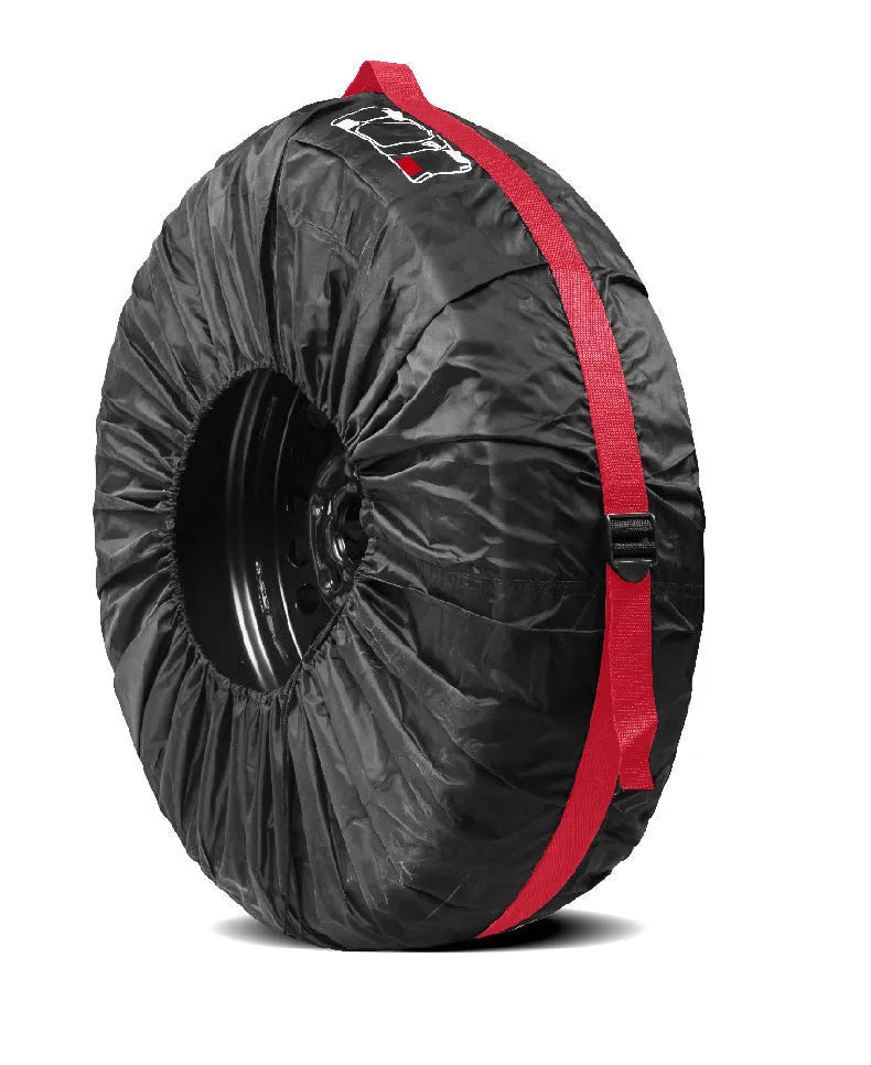 Set of four Oxford Cloth polyester car tyre protective covers in Black Belt and Red Belt styles, shown in S and L sizes.