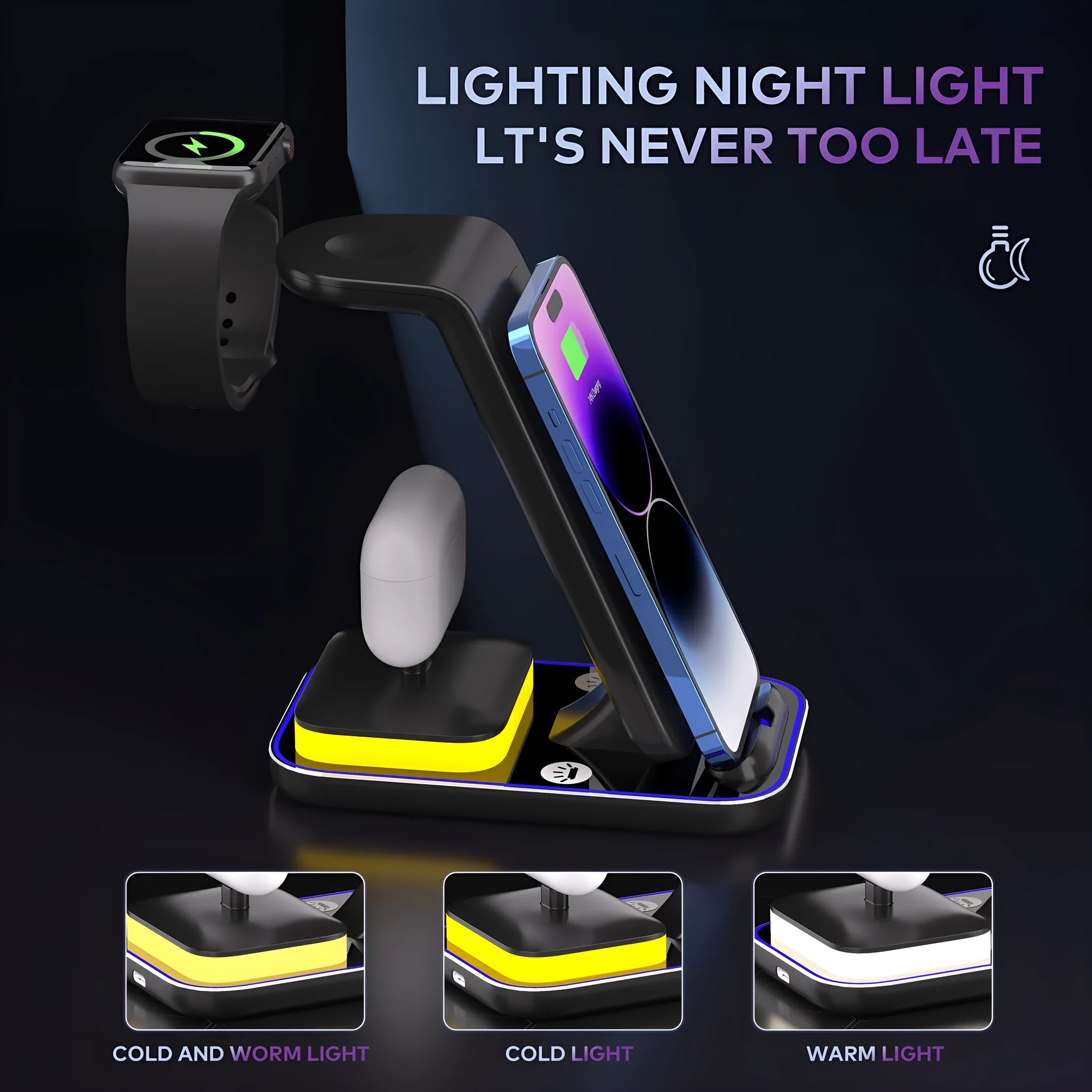 Black vertical wireless charging station with phone, smartwatch, and earbuds charging simultaneously