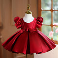 Girls wine red polyester princess party dress for birthdays and evening events, available in 80cm to 150cm height sizes.