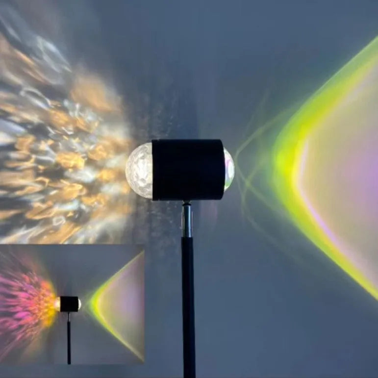 Sunset red floor lamp projecting a water wave light pattern on a living room floor.