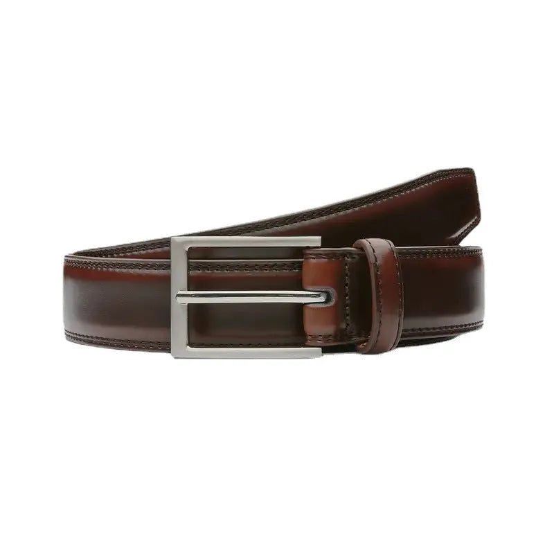 Men's leather belt with 95 grain pattern in brown, showing alloy buckle and adjustable length up to 130cm