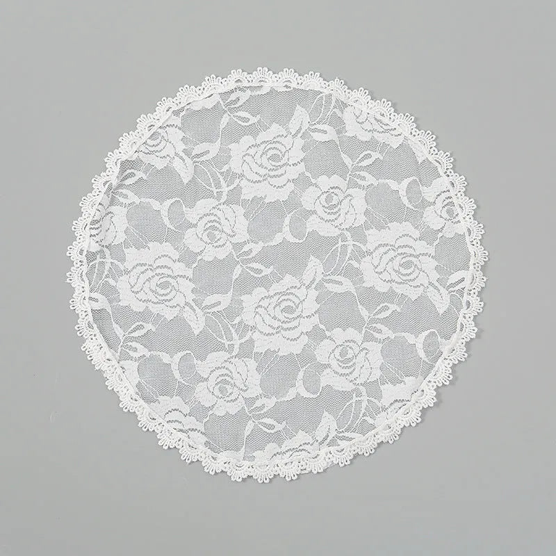 Round white wedding veil headpiece with floral design measuring 30cm in diameter
