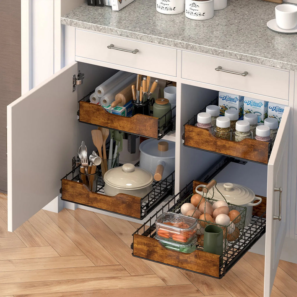 Black kitchen storage rack with pull basket design made from wood and iron materials