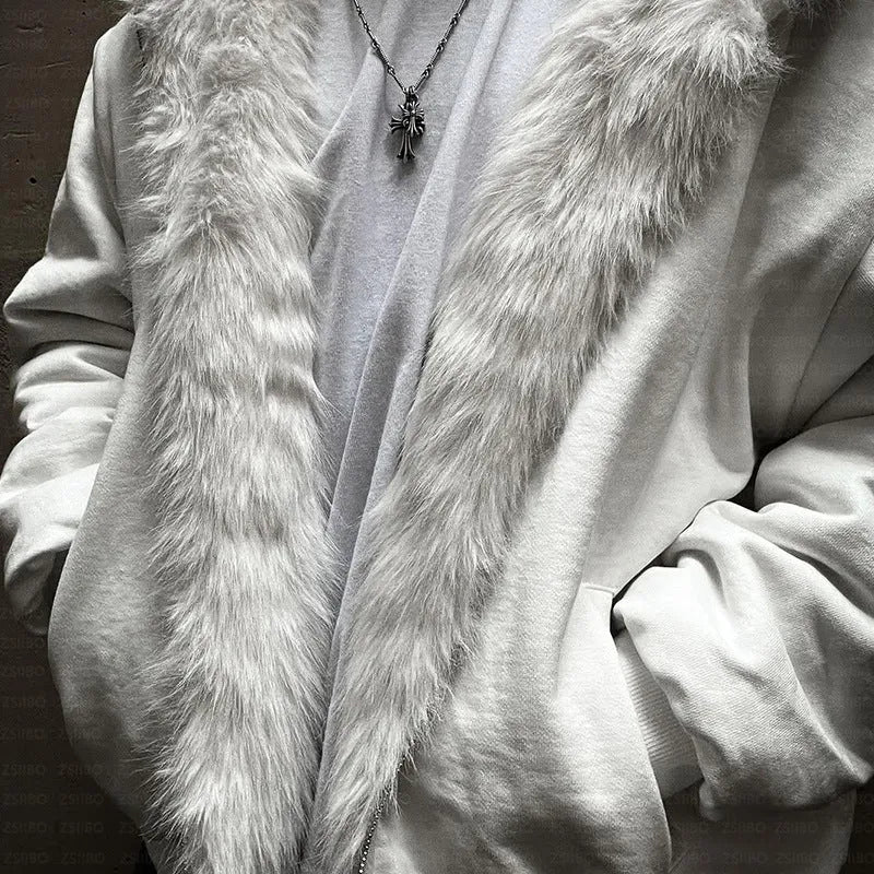 A white casual baggy coat with long sleeves and a cardigan style on a hanger.