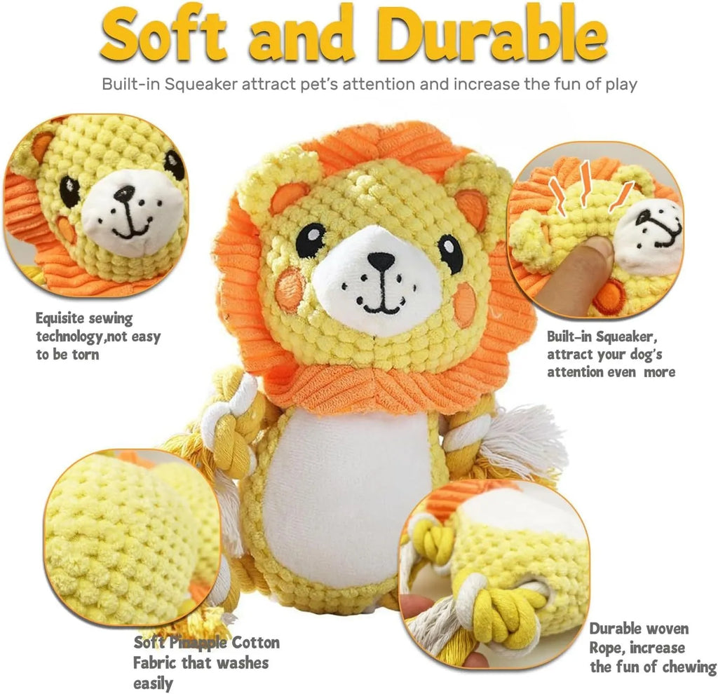 Two plush squeaky dog toys showing lion and monkey designs for medium to large breed dogs