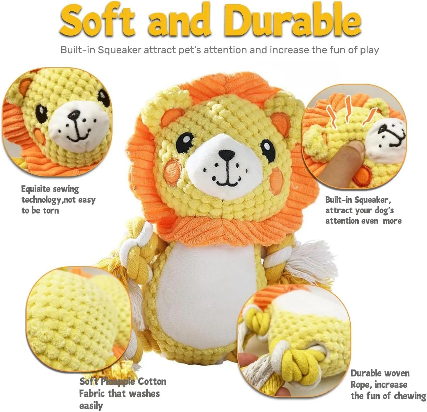 Two plush squeaky dog toys showing lion and monkey designs for medium to large breed dogs
