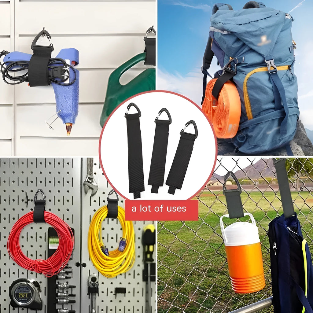 Black gravity storage strap with metal carabiner hook for workshop and camper organisation