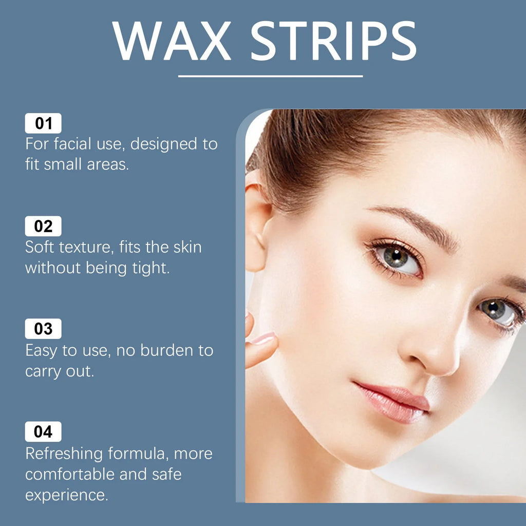 HANCHOBIT facial hair removal wax strips kit showing wax paper strips and wet wipes