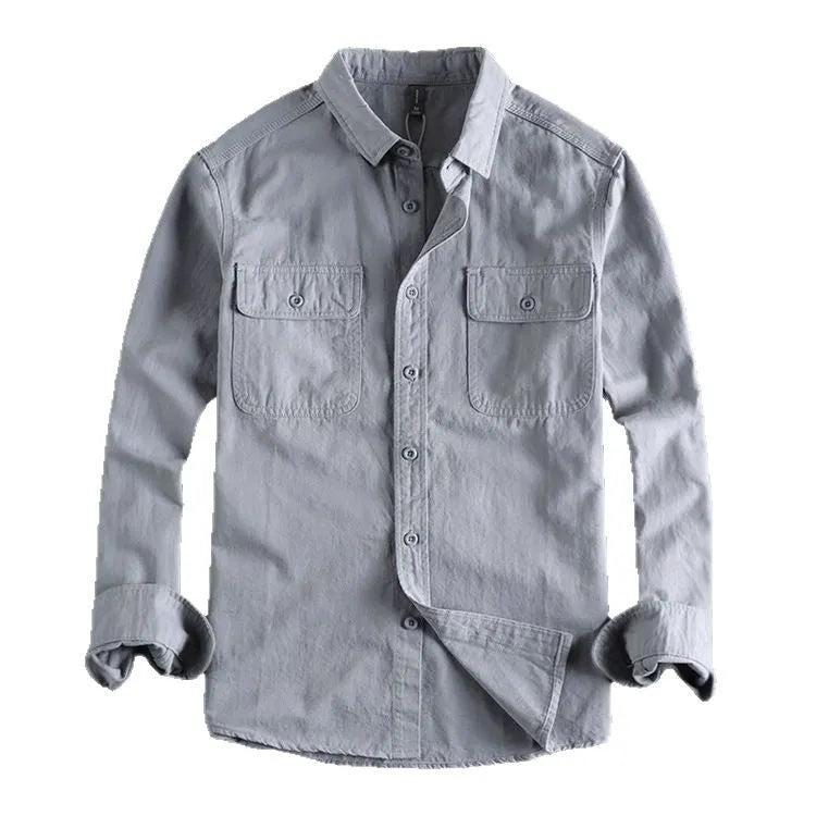 Men's long sleeve overalls shirt in cardigan style, loose fit, colours light grey black khaki green