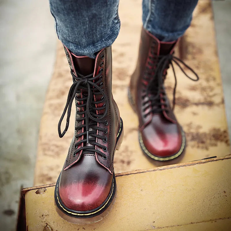 Men's black leather lace-up high-top casual shoes with a round toe, shown on a white background.