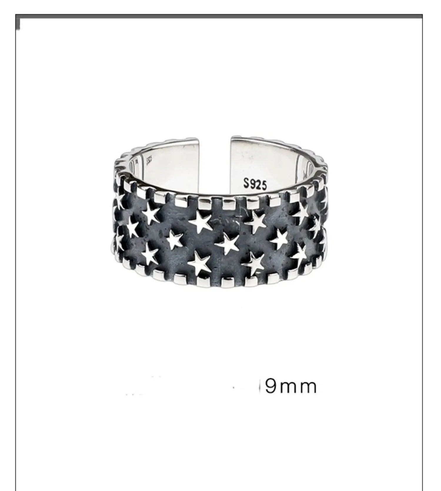 Adjustable sterling silver ring with engraved five-pointed star geometry patterns on a hand