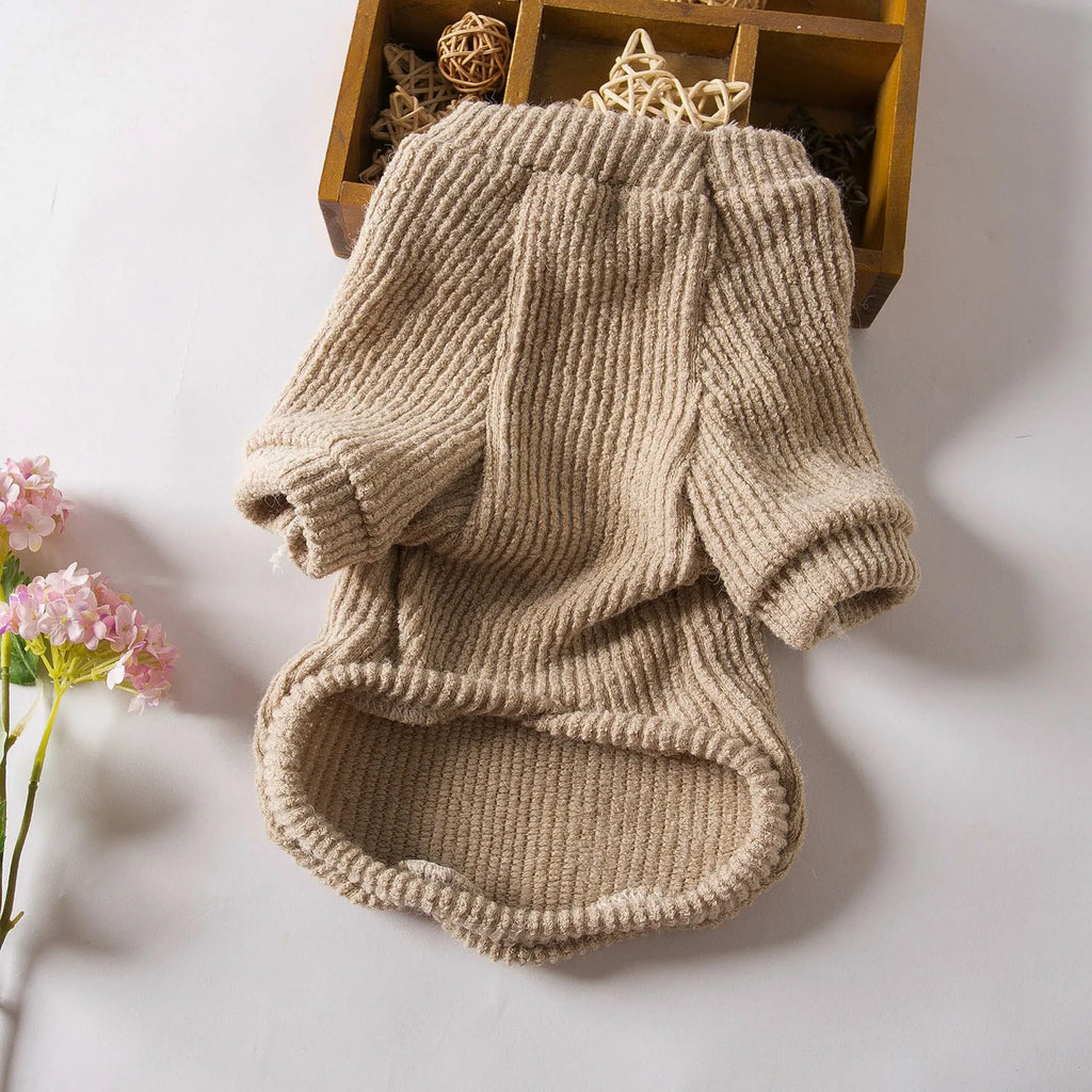 Brown cloth sweater for small dog on white background showing pullover design and casual style