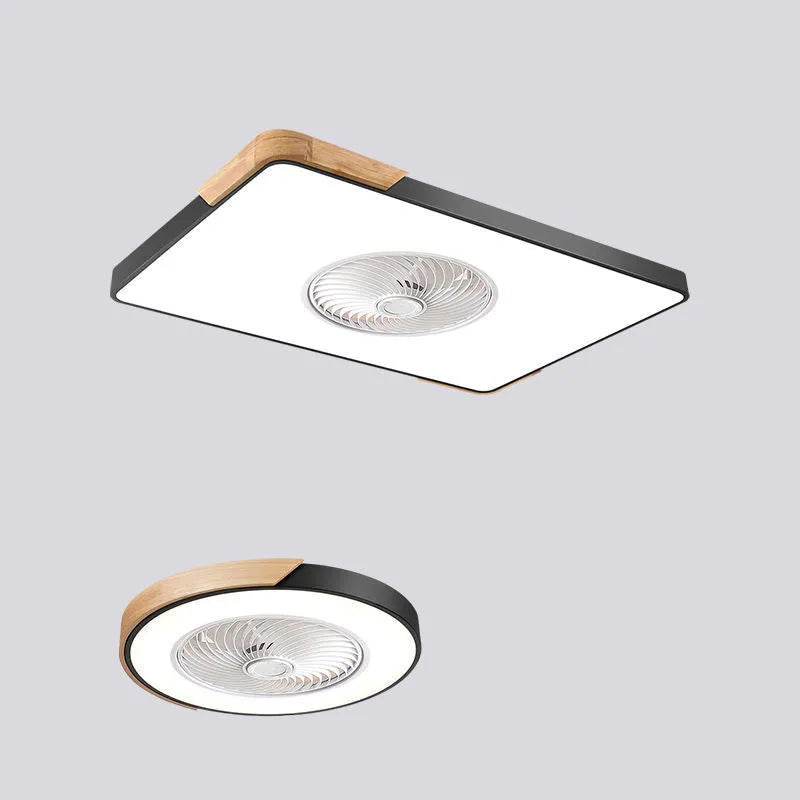 Nordic style ceiling fan with integrated light fixture in a solid wood housing, shown in rectangular, round, and square size options.