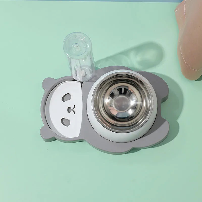Elevated pet bowls set in panda shape with 15° tilt and automatic water dispenser for cats and small dogs